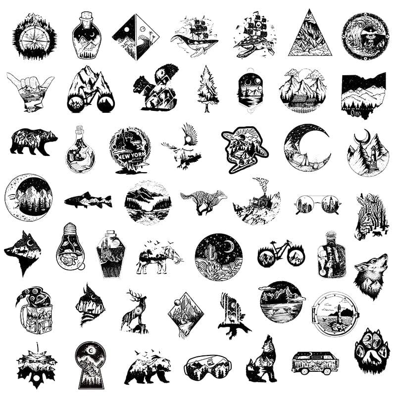 Stickers Noir et Blanc<br> Camping (50 pcs) Stickers Noir et Blanc Tresor Otaku
