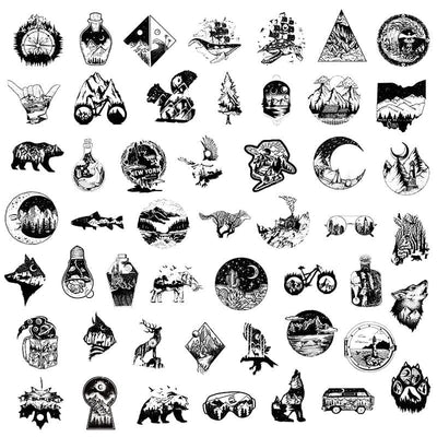 Stickers Noir et Blanc<br> Camping (50 pcs) Stickers Noir et Blanc Tresor Otaku
