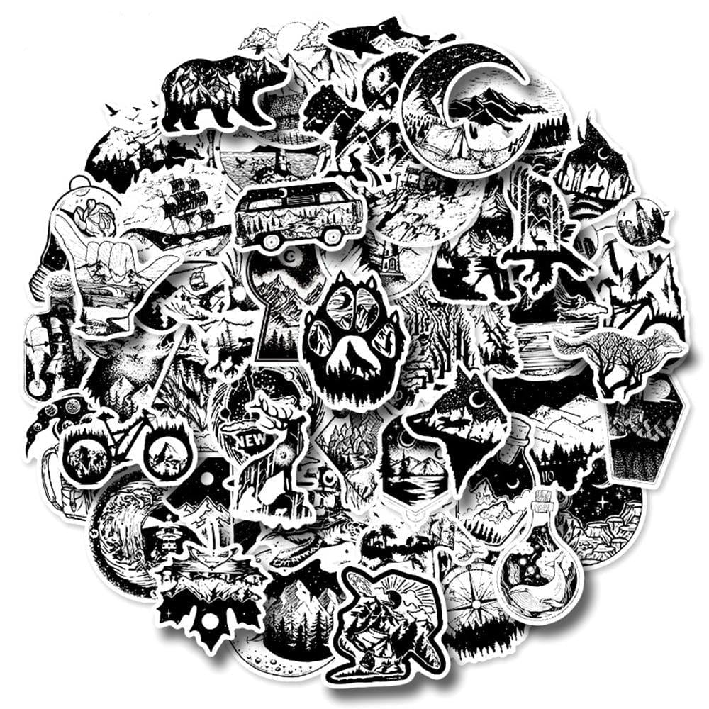 Stickers Noir et Blanc<br> Camping (50 pcs) Stickers Noir et Blanc Tresor Otaku