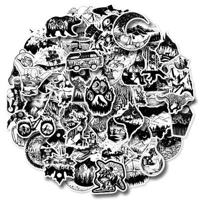 Stickers Noir et Blanc<br> Camping (50 pcs) Stickers Noir et Blanc Tresor Otaku