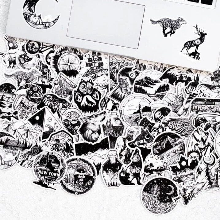 Stickers Noir et Blanc<br> Camping (50 pcs) Stickers Noir et Blanc Tresor Otaku