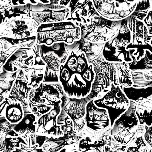 Stickers Noir et Blanc<br> Camping (50 pcs) Stickers Noir et Blanc Tresor Otaku
