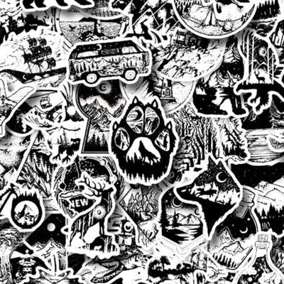 Stickers Noir et Blanc<br> Camping (50 pcs) Stickers Noir et Blanc Tresor Otaku