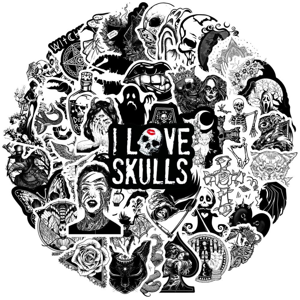 Stickers Noir et Blanc<br> Skull (50 pcs) Stickers Noir et Blanc Tresor Otaku